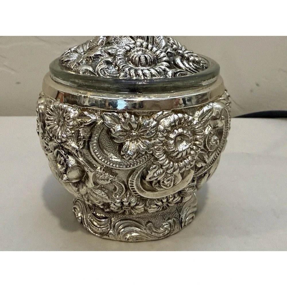Harrison Fisher Sugar Bowl HF-0917 Silver Plated Floral Sugar/Condiment Repousse